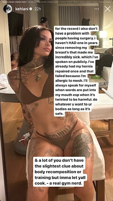 Kehlani in a white tank top, numerous tattoos visible, looking off to the side, with superimposed text on the image expressing personal views
