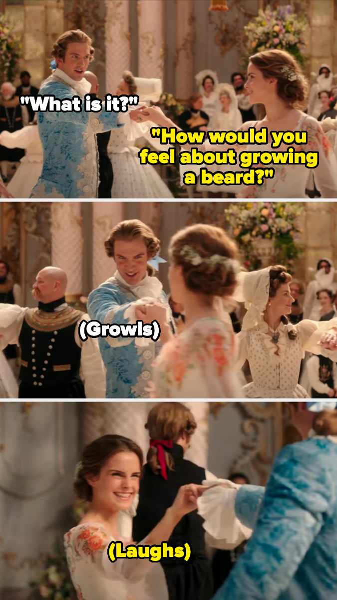 Characters from Beauty and the Beast dance; Belle in a white floral dress, Beast in a blue suit, with humorous text overlays