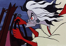 Cruella De Vil from Disney's 101 Dalmatians appears menacing, holding a car's steering wheel intently
