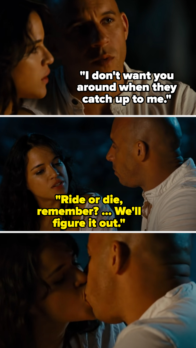 Vin Diesel and Michelle Rodriguez in a scene from Fast &amp;amp; Furious, with dialogue about loyalty and a close bond