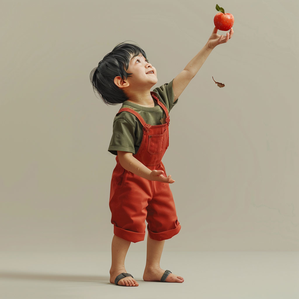 Child reaching up to an apple, smiling, possibly illustrating a scene from a children&#x27;s book