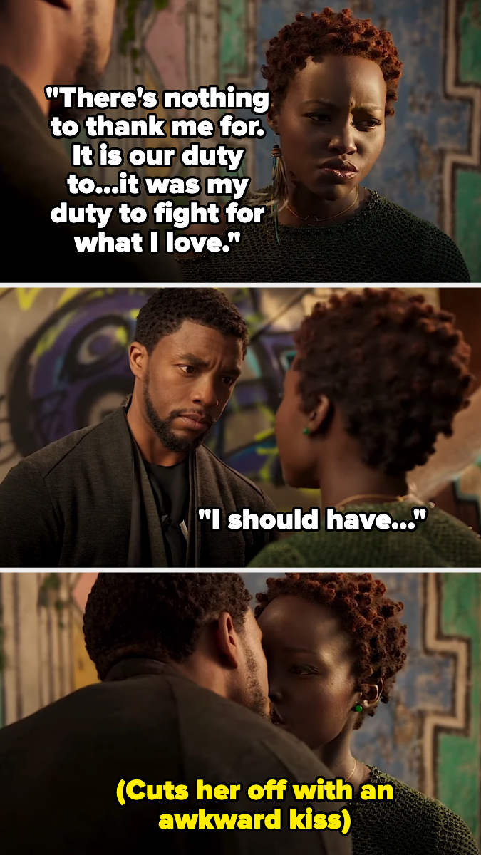 Two characters from Black Panther film, one comforting the other who feels regret, with subtitles