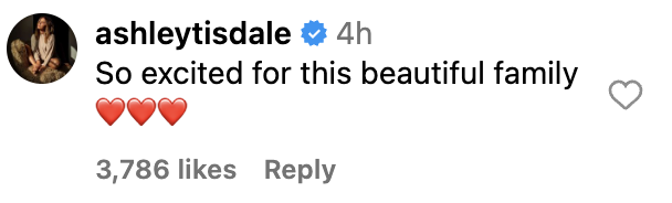 Ashley Tisdale comments &quot;So excited for this beautiful family&quot; with heart emojis, receiving 3,786 likes