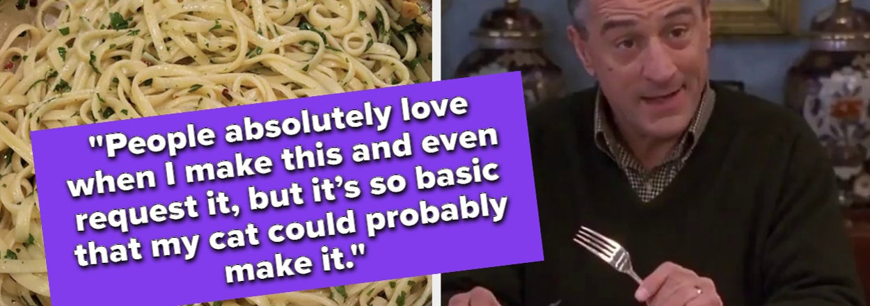 A man dining, looking surprised, with a speech bubble about a basic spaghetti dish that even a cat could make