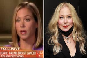 Two separate photos: Elizabeth Edwards in a TV interview and Traci Lords posing for a photo, both facing the camera