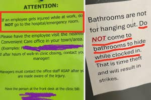 Two workplace signs with red underlined text emphasize rules against hiding in bathrooms or not reporting injuries
