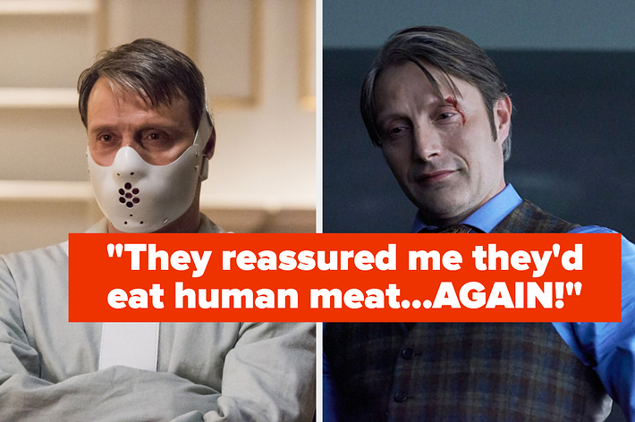 Split image of actor in a muzzle and suit, and a caption on intimacy with dangerous individuals