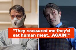 Split image of actor in a muzzle and suit, and a caption on intimacy with dangerous individuals