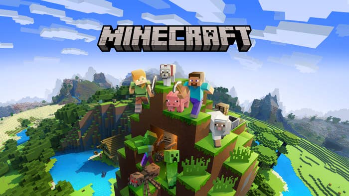 Minecraft, featuring various in-game characters and animals on a grassy block