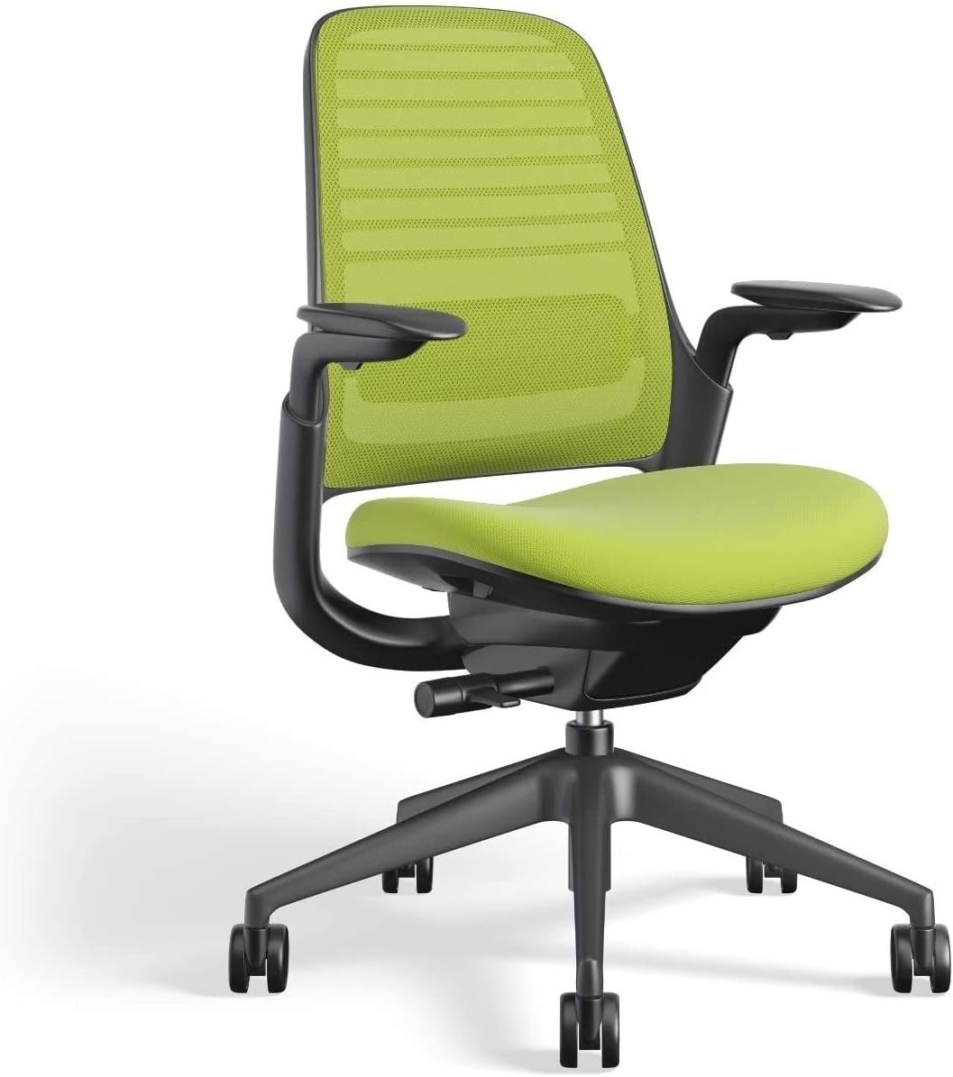 bright green office chair with mesh backrest and padded seat, adjustable armrests on wheels