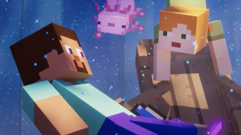 Two animated Minecraft characters and a pig floating in a starry environment, depicting teamwork or collaboration