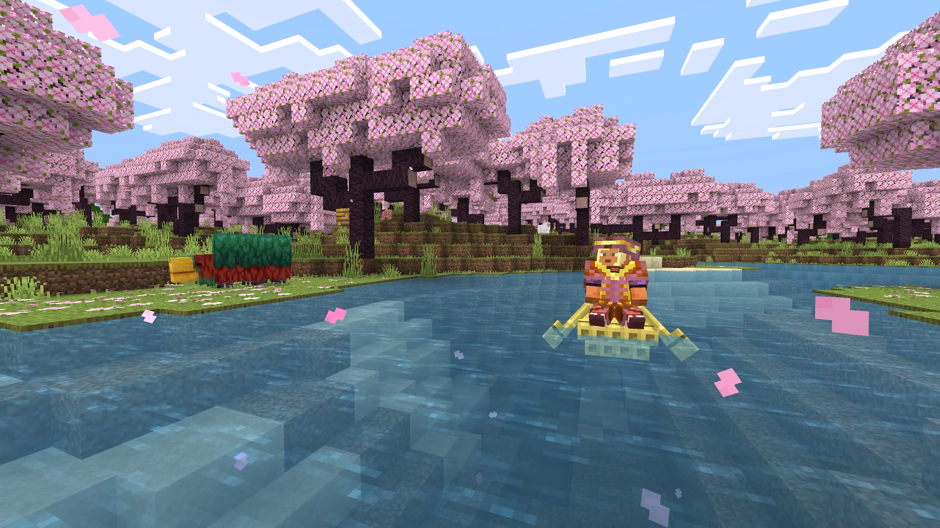 Minecraft character in armor paddles a boat in a pixelated game world with blooming trees
