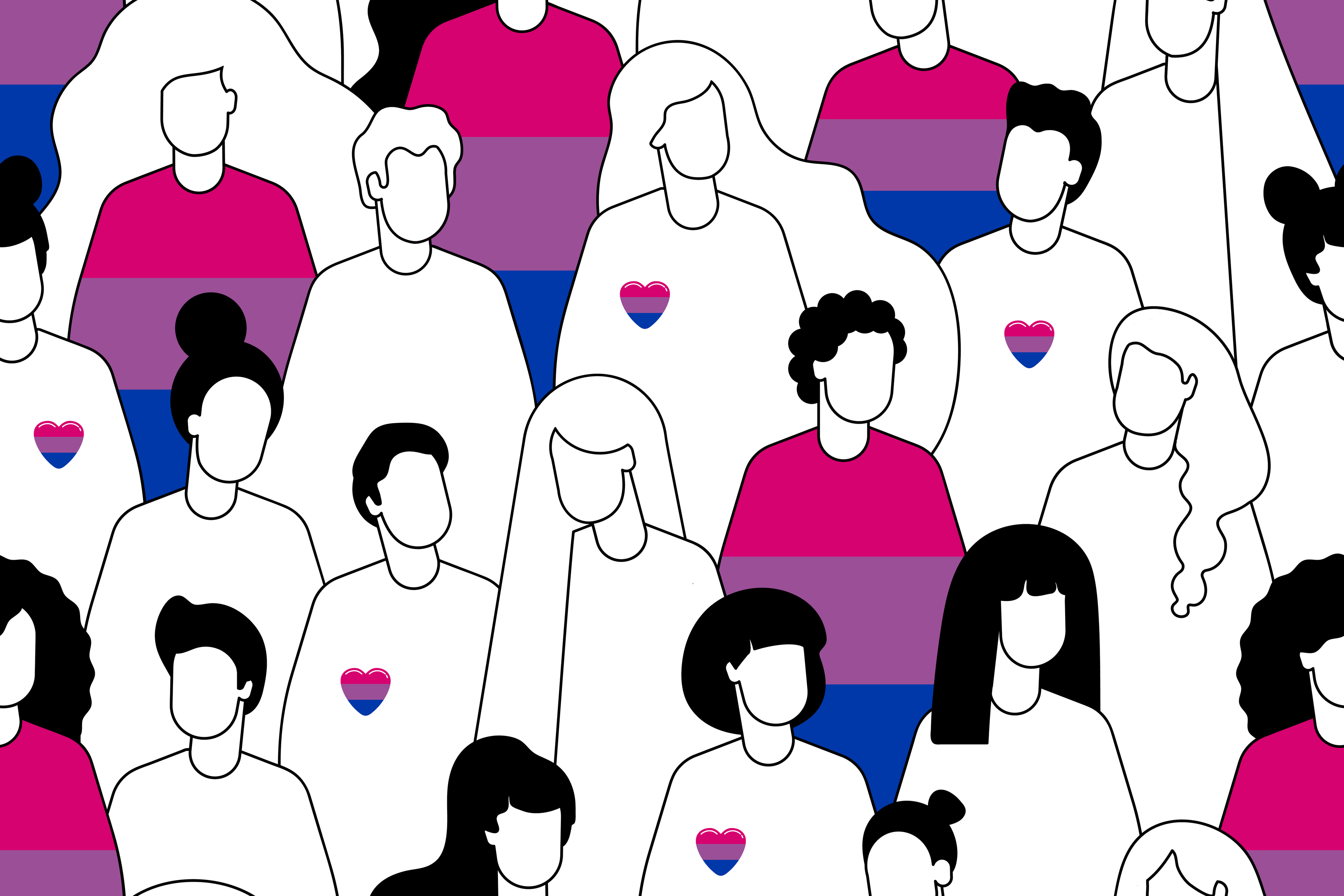 An illustration of diverse people with heart symbols on their shirts, representing LGBTQ+ community solidarity