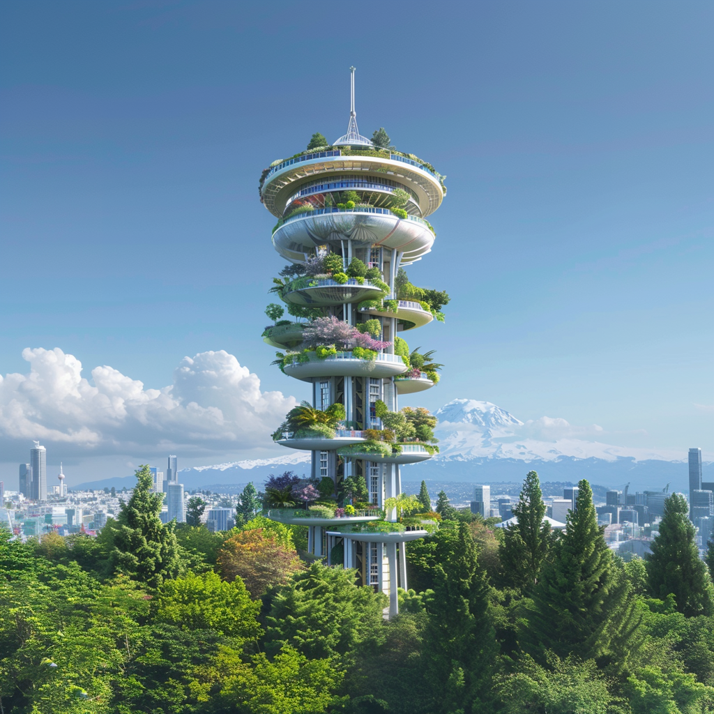 Futuristic tower with greenery on terraces against a cityscape and mountain background