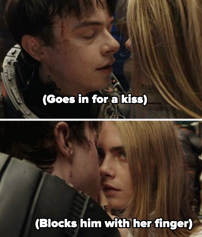 Three-panel image from a film showing a character leaning in for a kiss, being stopped by a finger, and a close-up of their faces
