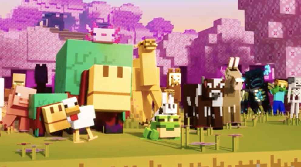 Minecraft game screenshot with various pixelated animals and characters