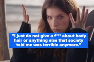 Woman gesturing with quote about ignoring societal beauty standards