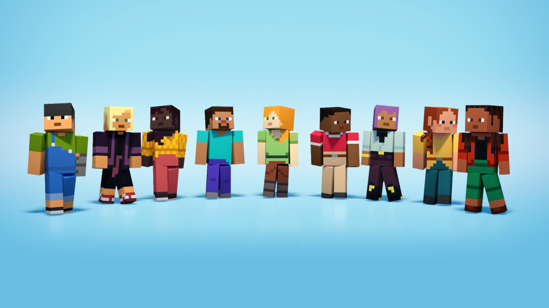 A group of Minecraft game characters standing in a row, representing diversity in the gaming community
