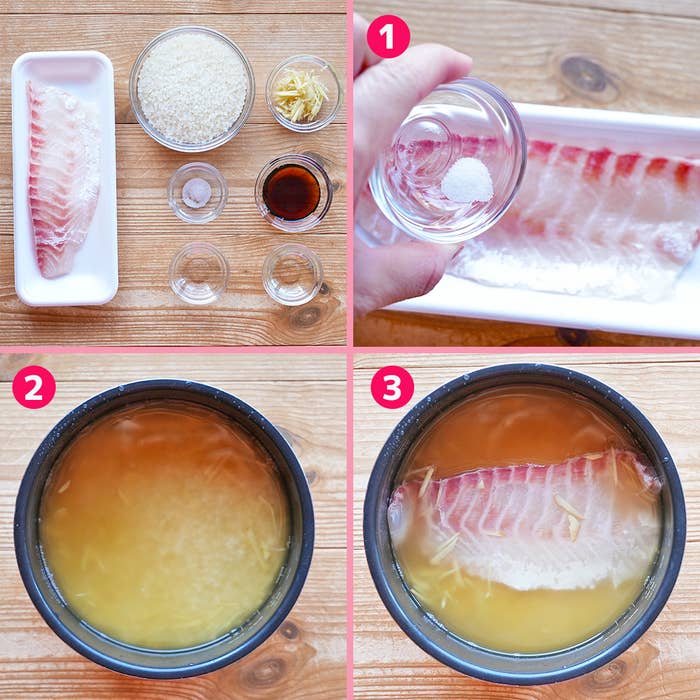 魚の切り身と調理のステップを示す画像。左上に食材、右上に塩を加え、左下に鍋の準備、右下に鍋に浸す様子。