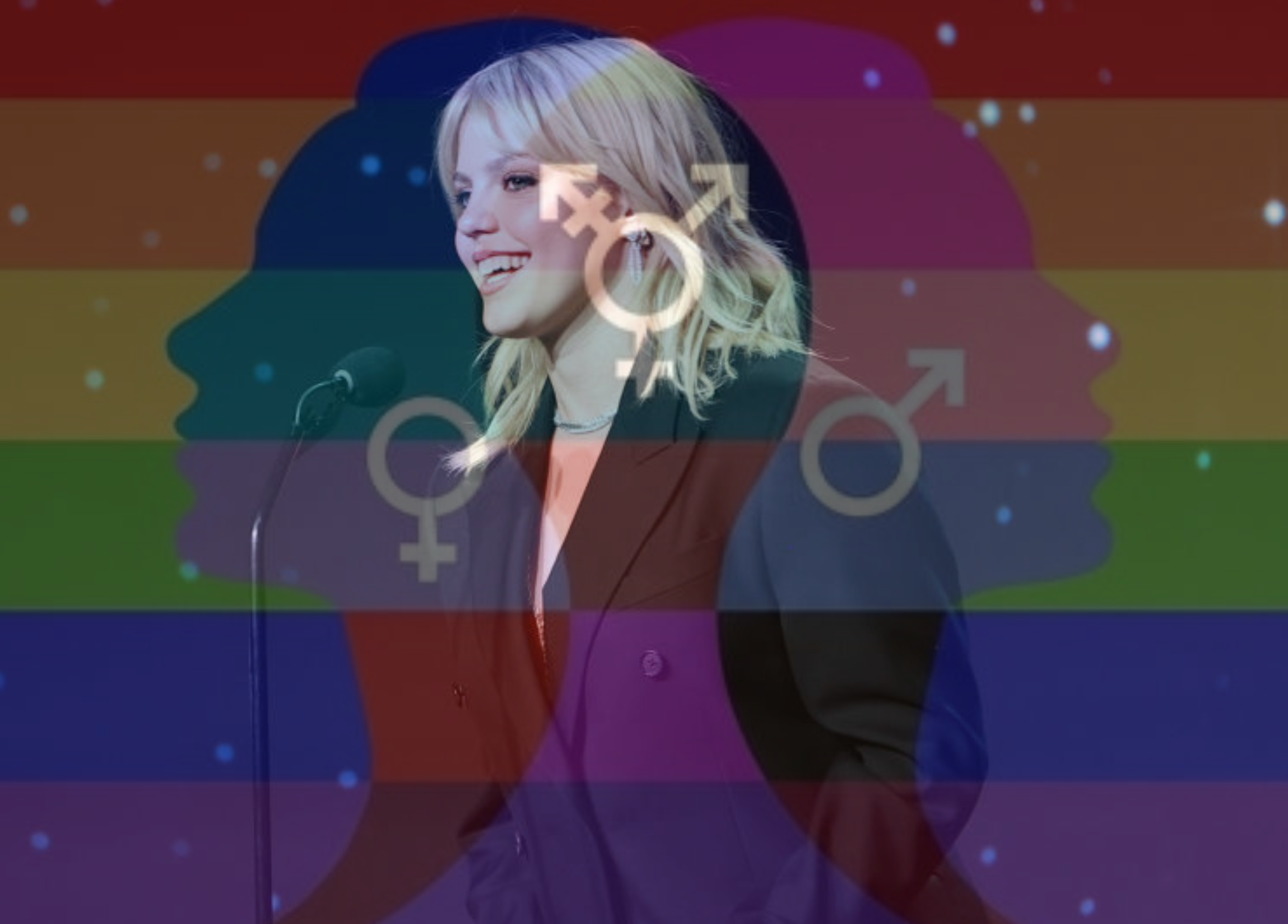 Reneé at a podium with a microphone overlaid with gender symbols and a rainbow flag