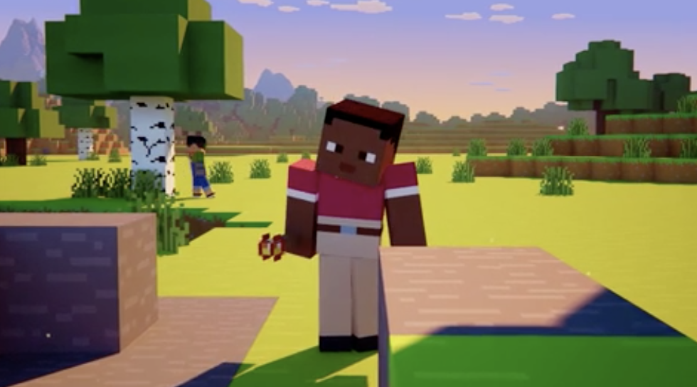 Minecraft game scene with a character holding a tool, standing in a grassy blocky landscape