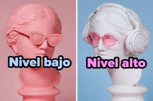 Busto clásico con gafas y audífonos, etiquetas "Nivel bajo" y "Nivel alto"