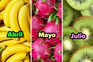 Imagen dividida en tres mostrando plátanos, pitahayas y kiwis con los nombres de los meses Abril, Mayo y Julio superpuestos