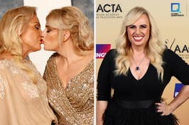 Two images side by side: Left shows two women about to kiss on the cheek, both in elegant dresses. Right is a woman in a black outfit smiling