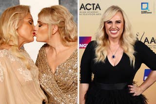 Two images side by side: Left shows two women about to kiss on the cheek, both in elegant dresses. Right is a woman in a black outfit smiling