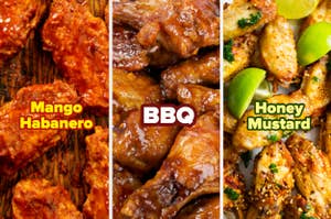 Alas de pollo con tres salsas diferentes: Mango Habanero, BBQ y Honey Mustard