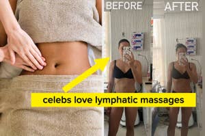 Person before and after lymphatic massage; implied celebrity endorsement