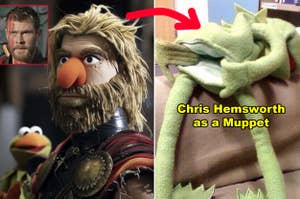 Chris Hemsworth juxtaposed with his Muppet version; Hemsworth in a Thor costume, Muppet in similar attire