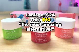 Three lip masks on a table with prices, one labeled as an affordable alternative to Laniege