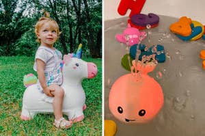 Child on an inflatable unicorn toy; alongside, bath toys floating in water