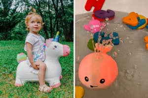 Child on an inflatable unicorn toy; alongside, bath toys floating in water