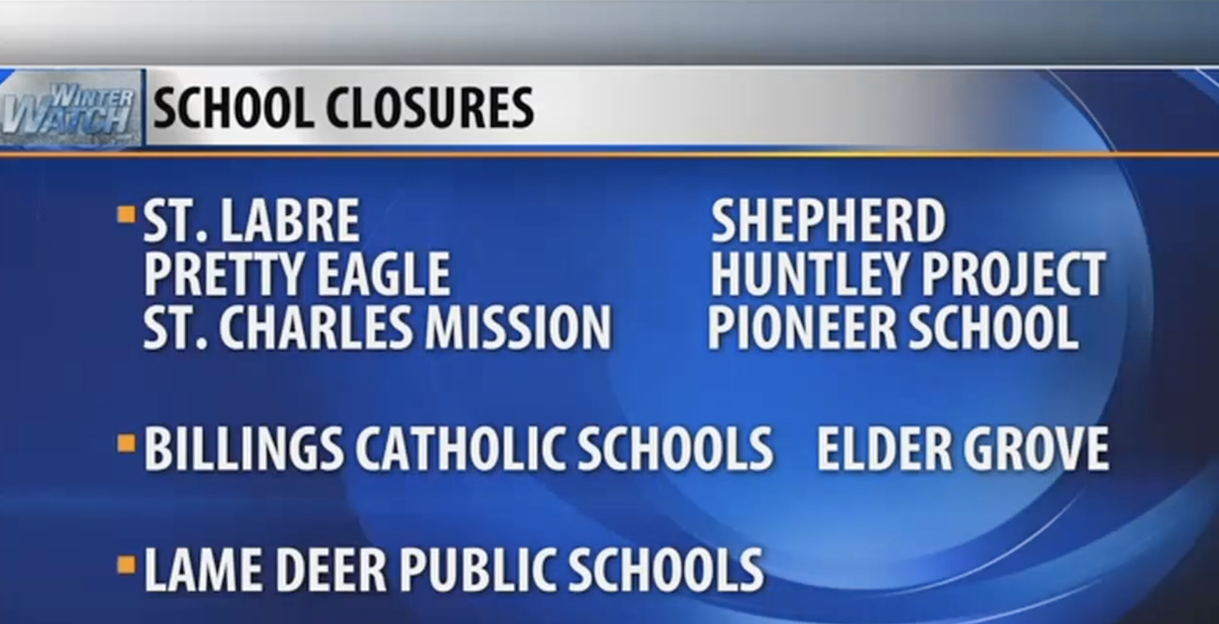 List of school closures due to weather, including St. Labre, Billings Catholic, and others
