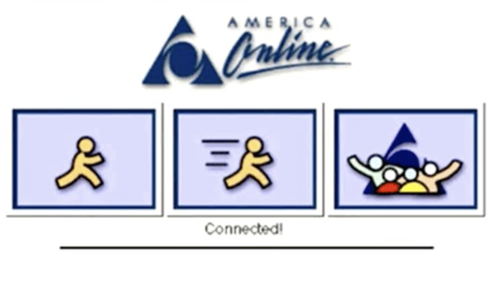 America Online logo with icons showing a running figure, a letter, and a person with a raised hand, indicating connection