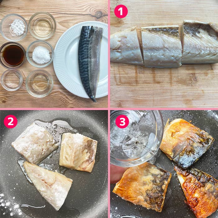 魚を調理する手順を示す画像。