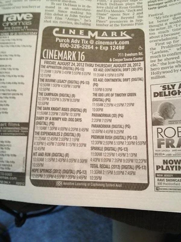 Newspaper ad showing Cinemark movie listings with times for August 28, 2012