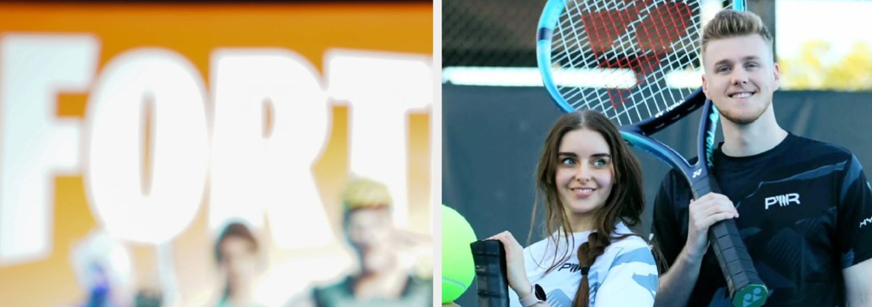 Split image: Left shows blurred video game controller, right is two people with tennis racquets