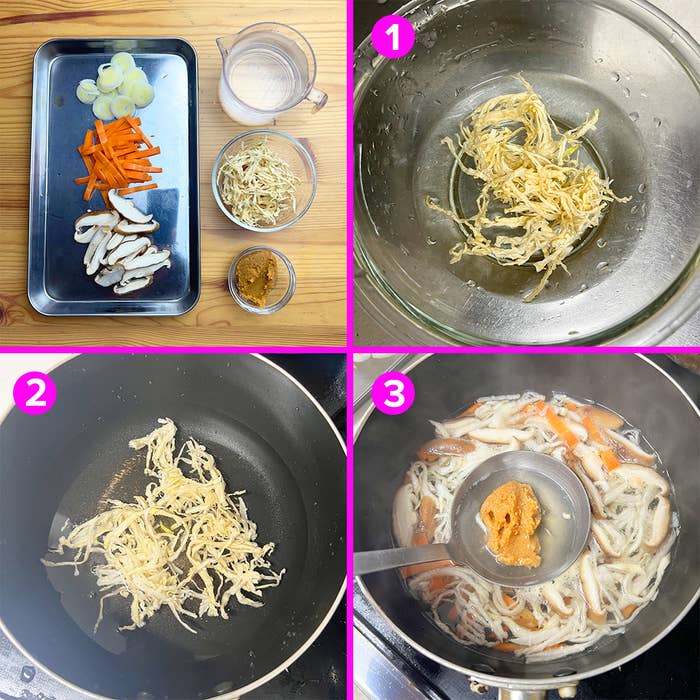 調理手順を示す4枚の写真。野菜の切り方、炒める前の油でコーティングされた麺、切り干し大根と野菜を炒める様子、調味料を加えている場面。