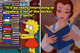 Collage of Lisa Simpson and Belle from Beauty and the Beast reading, with a quote about exploring darker book themes