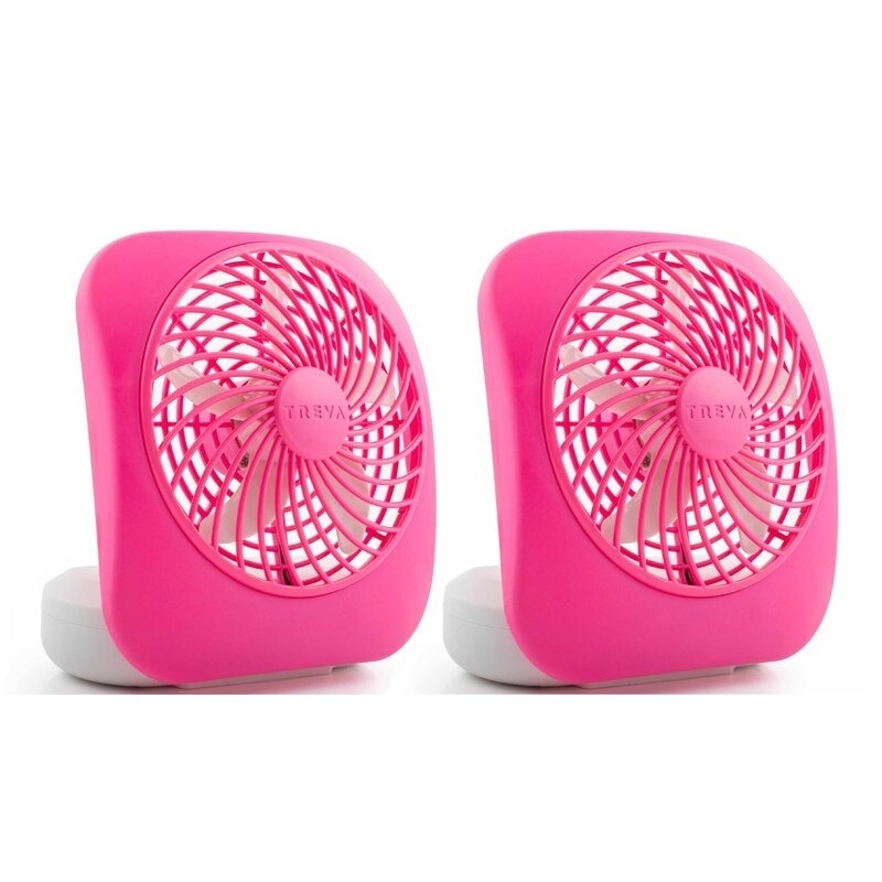 Two pink portable fans
