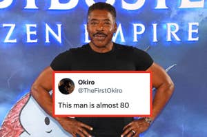 Ernie Hudson stands posing in a black t-shirt at the "Ghostbusters: Afterlife” premiere, with a tweet overlaid that reads "This man is almost 80"