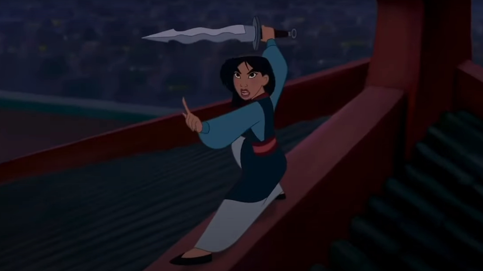 Mulan in animated film, holding a sword with determination, ready to defend