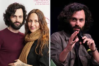 Penn Badgley in a candid shot and with Domino Kirke, wearing casual clothes