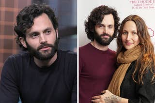 Penn Badgley in a candid shot and with Domino Kirke, wearing casual clothes