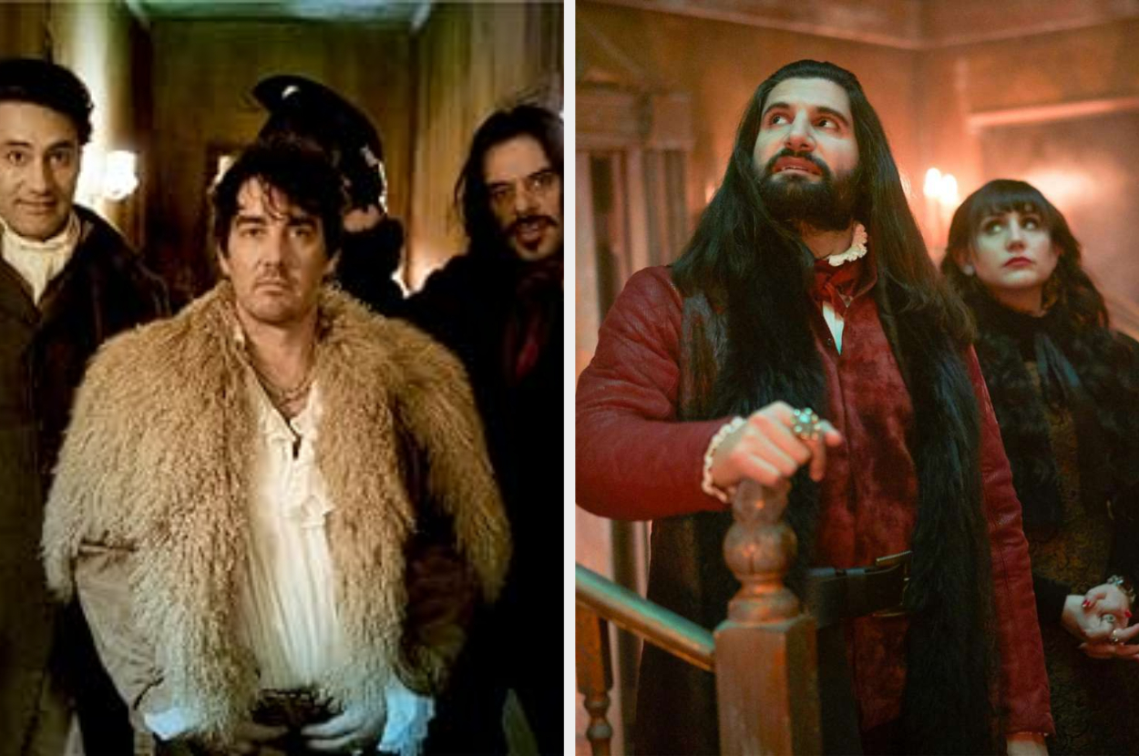 Characters from the TV show &quot;What We Do in the Shadows&quot; stand together in two different scenes