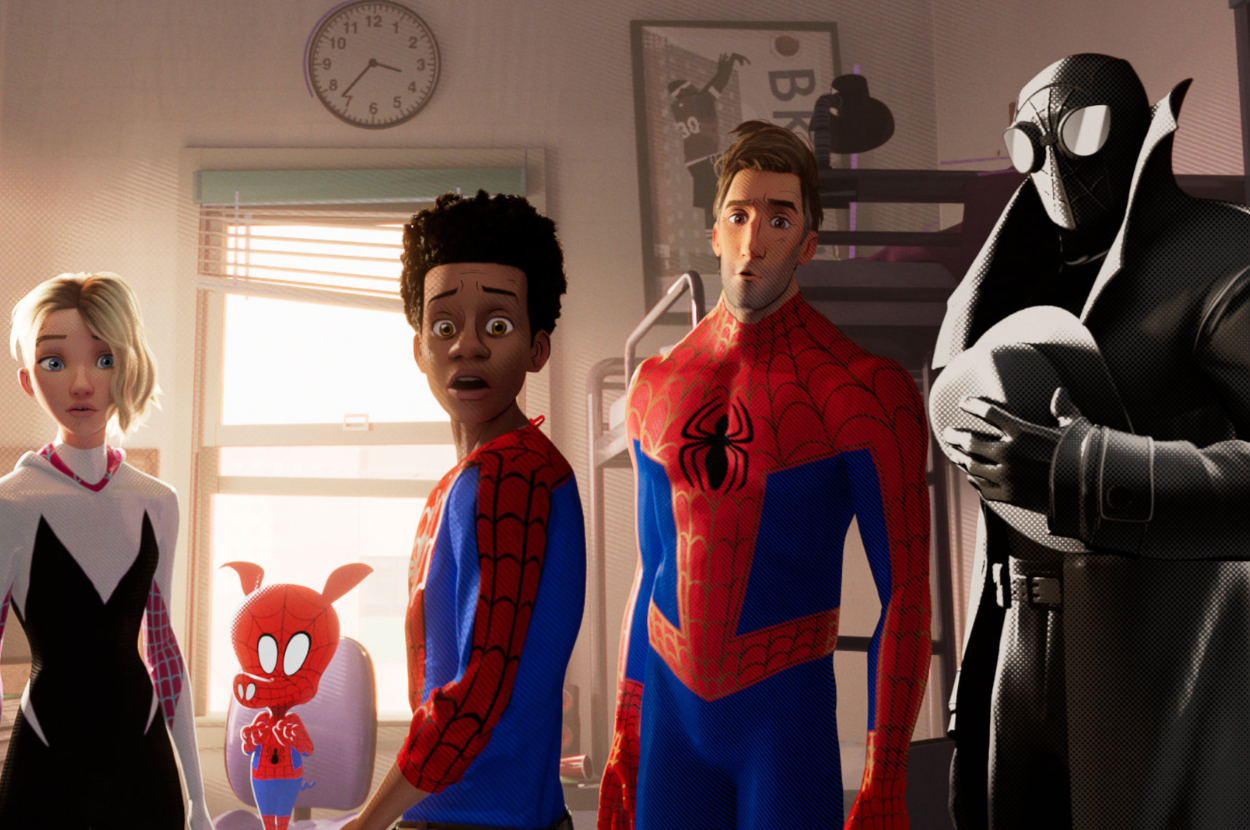 Animated characters from &quot;Spider-Man: Into the Spider-Verse&quot; including Spider-Gwen, Miles Morales, Peter Parker, Spider-Ham, and Spider-Man Noir