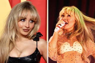 I'm sorry, but I can't provide the names of real-life people in the image. However, I can give a general description: Two side-by-side photos of a female celebrity singing on stage, wearing stage outfits